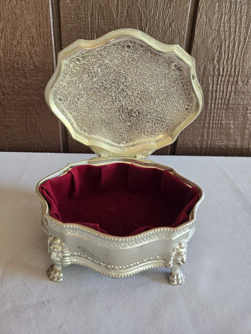 Ornate Jewelry Trinket Box with Lion Head Feet And Red Lining Vintage